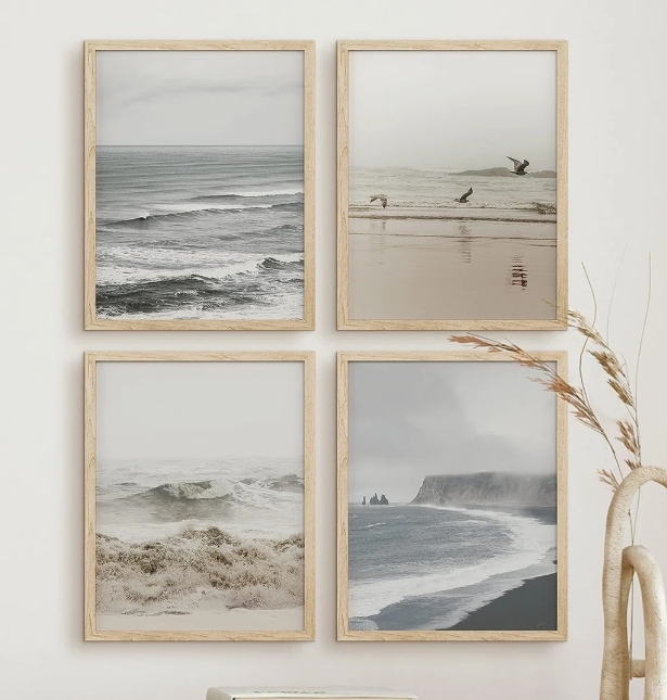 Signleader Ocean Beach Seashore Coastal Pictures Neutral Nautical Framed Wall Art 4 Pieces Paper Print Cgnl4970