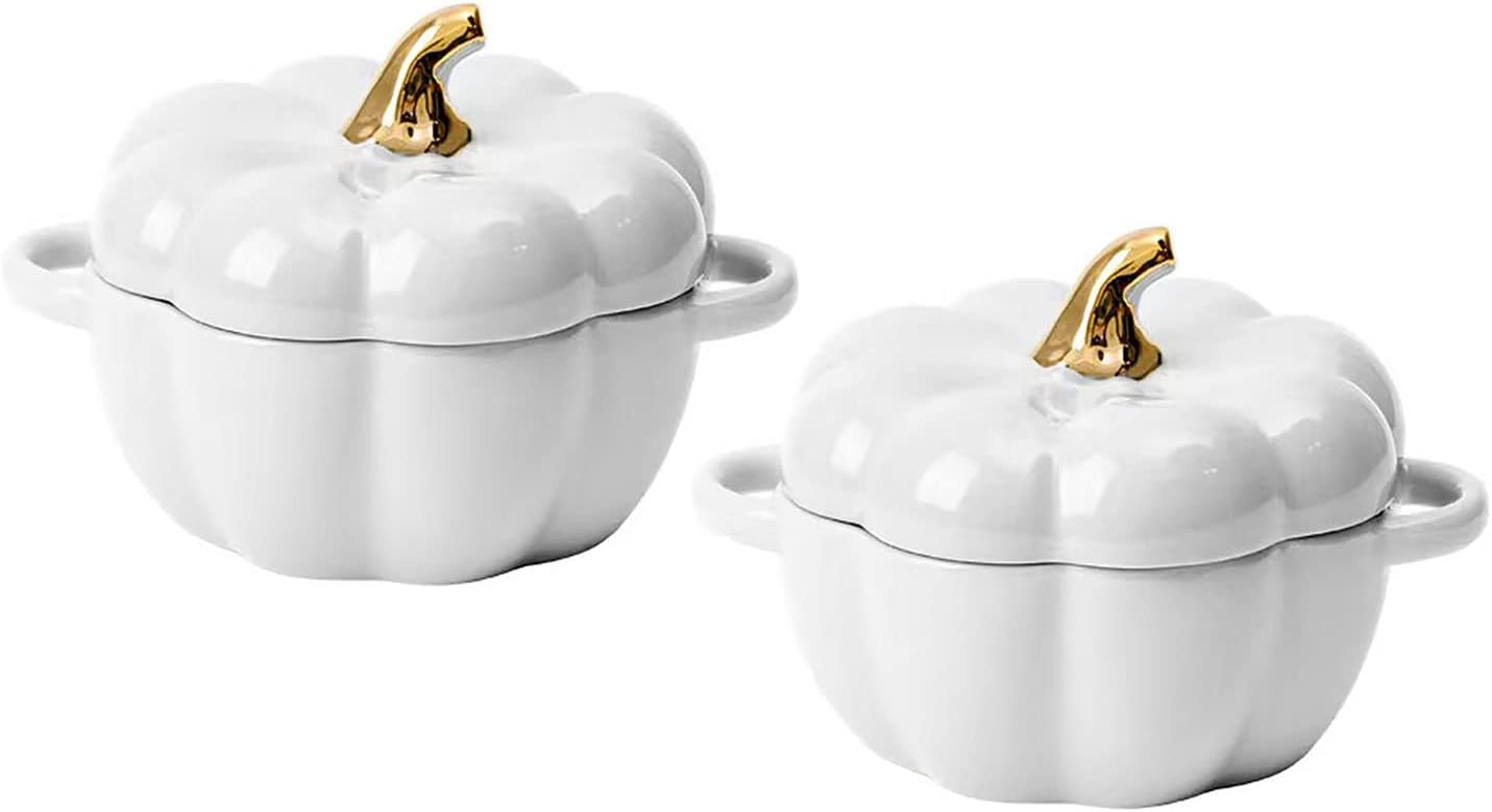 Amazon.com: Pumpkin Bowl Set with Lid and Handle, Set of 2 Ceramic Ramekins for Baking, Casserole Dish Individual Severing Pot, Stoneware, Oven Safe, 14 Oz (White) : Home & Kitchen