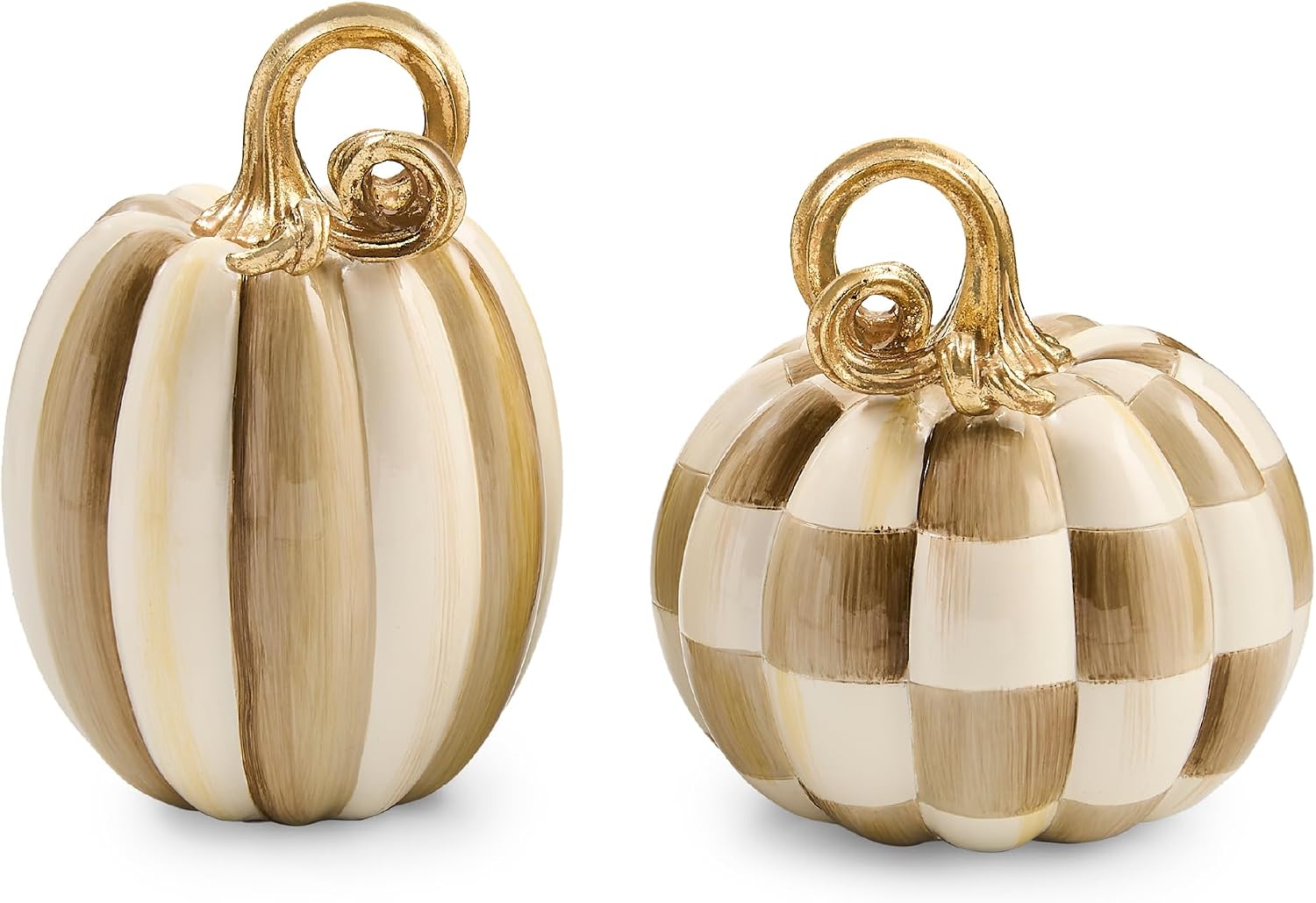 Amazon.com: MACKENZIE-CHILDS Resin Pumpkins Set, Petite, Mocha Check and Stripe | Hand-painted design, decorative fall and Thanksgiving figures, Check (4" dia. x 4.5" H) and Stripe (3" dia. x 5" H), set of 2 : Toys & Games