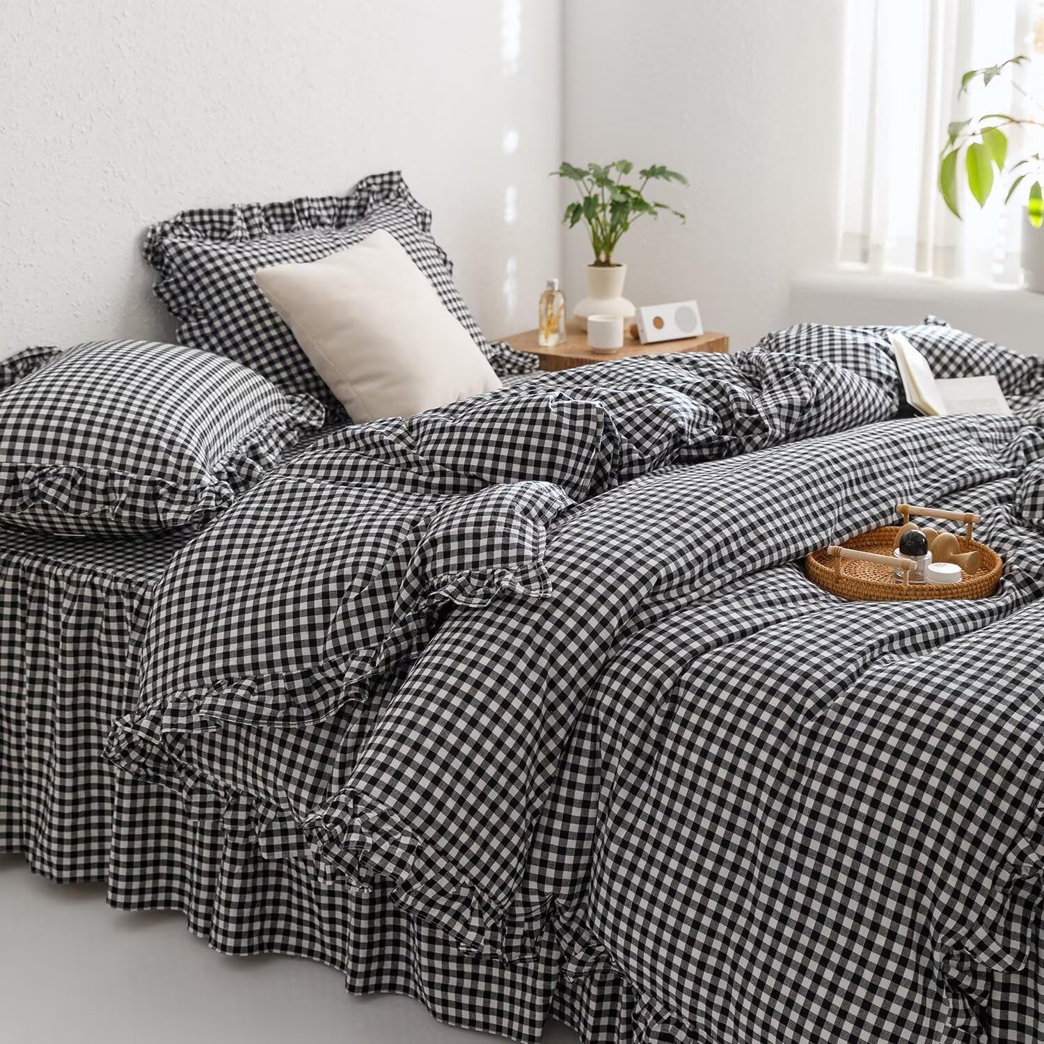 Amazon.com: mixinni Black White Gingham Ruffle Duvet Cover Queen Size 3 Pieces – 100% Washed Cotton, Vintage Plaid Ruffled Bedding Set with Zipper Ties, Soft Checkered Grid Farmhouse Chic Comforter Cover Set : Home & Kitchen