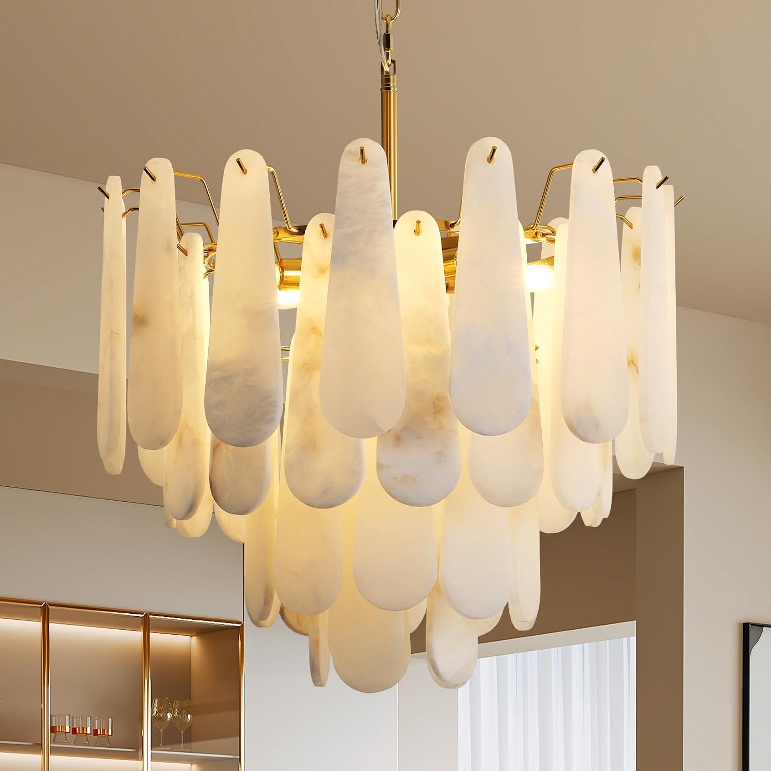 Alabaster Chandelier, D23.6in Modern Alabaster Round Dining Room Chandelier, 4-Tiers Luxury Natural Stone Ceiling Light Fixture, White Marble Chandeliers for Living Room Bedroom Foyer Entryway Kitchen - Amazon.com