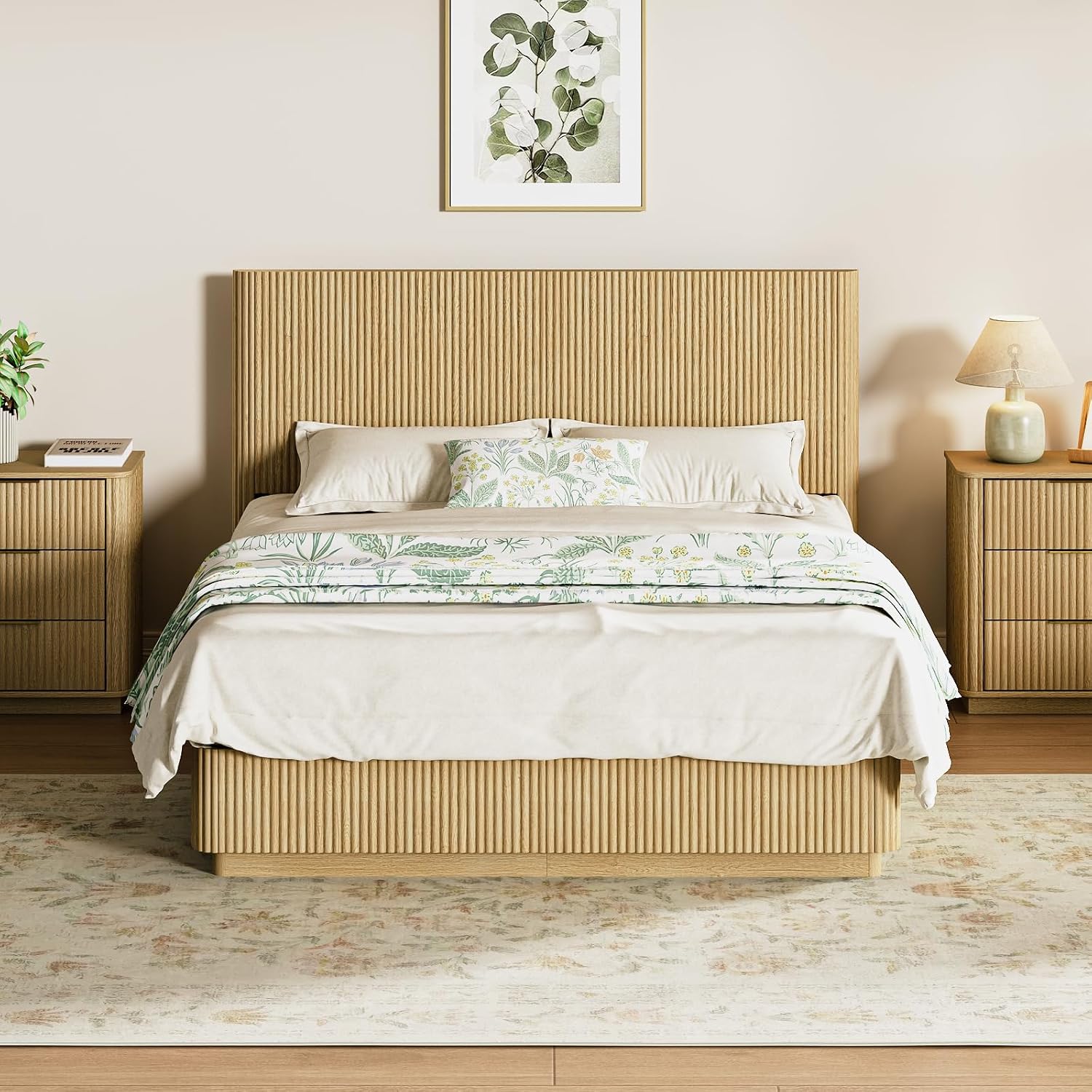 Amazon.com: ivoros Mid Century Modern Bed Frame Queen Size, Fluted Platform Bed Frame with Headboard, Wood and Steel Platform Beds with LED Lights, Heavy Metal Frame Support, No Box Spring Needed, Oak : Home & Kitchen