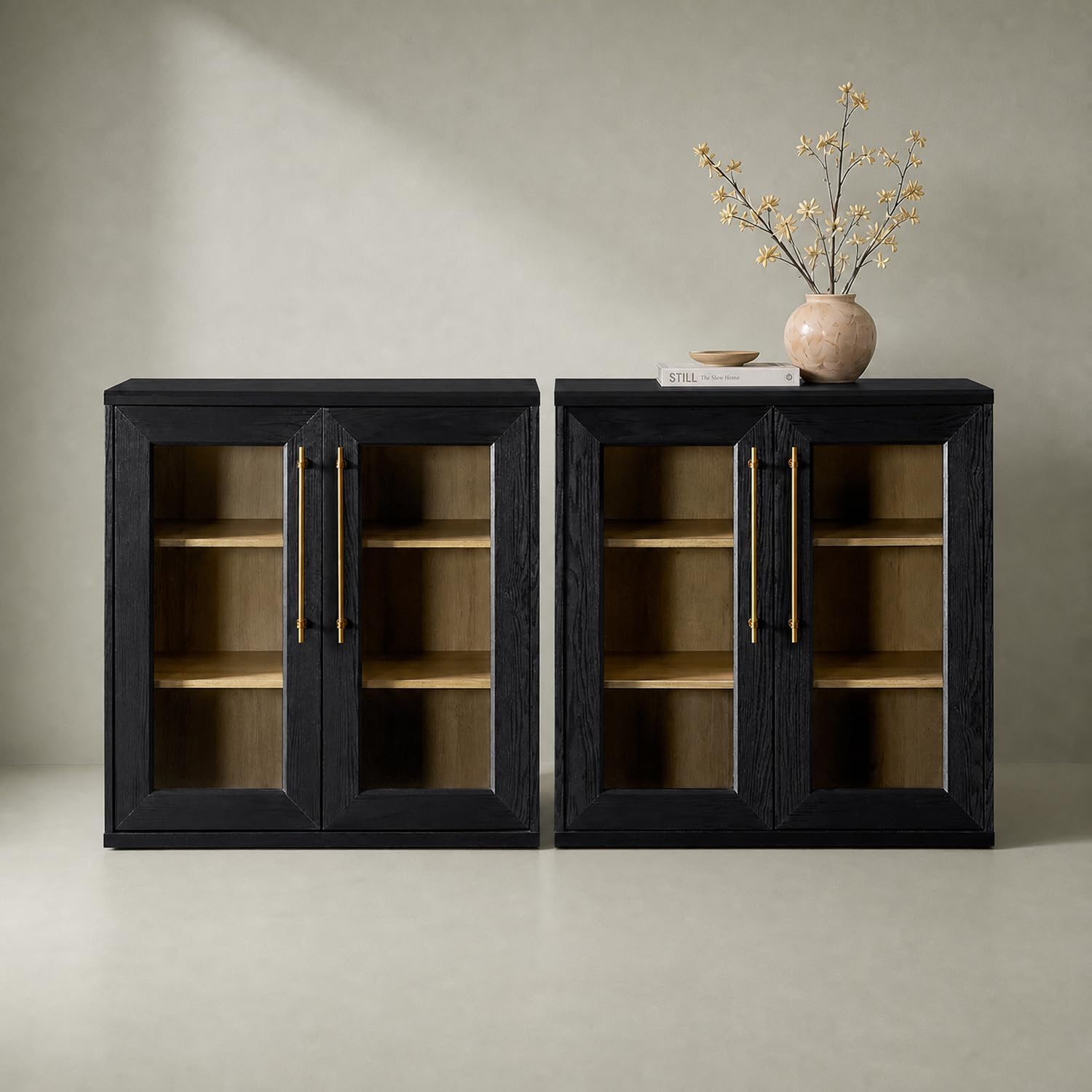 Amazon.com - mopio Blake Storage Cabinet, Small Modular Accent Display Sideboard Buffet Cabinet with Storage, Media Console Credenza, for Kitchen, Coffee Bar, Pantry, Living Room (Black Oak Acrylic, Set of 2) - Buffets & Sideboards