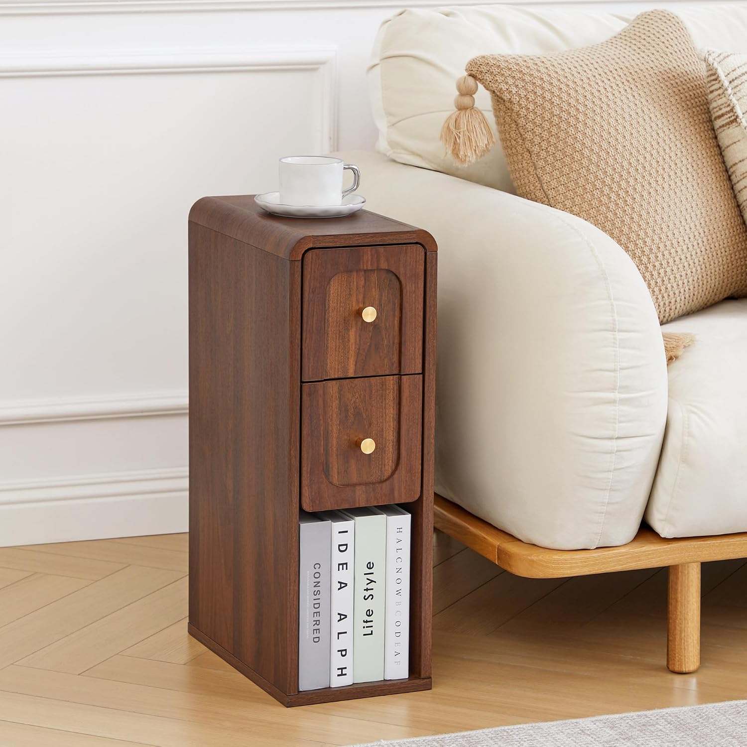 Amazon.com: MAHYIZYI Narrow Nightstand with 2 Drawers, Small Bedside Tables, Mid-Century Modern Slim Night Stand with Storage, Wooden End Table for Small Spaces, Bedroom, Living Room (Walnut-1PCS) : Home & Kitchen