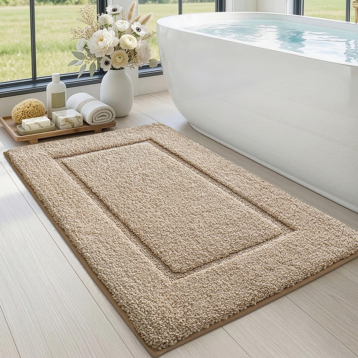 Amazon.com: DEXI Bath Mat 43x24, Absorbent and Non Slip Bathroom Rugs, Beige | Soft Plush Microfiber Bathmat, Machine Washable & Quick Dry, Rubber Back Rug for Shower, Tub, Sink : Home & Kitchen