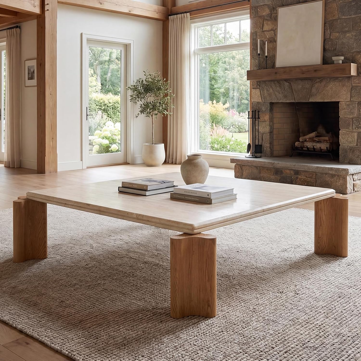 Amazon.com: Hyfirm Large Faux Travertine Coffee Table, 47" with Curved Wood Legs | Square Modern Wabi Sabi Low Profile Center Cocktail Table for Living Room, Beige, Easy Assembly, Heavy-duty Construction : Home & Kitchen