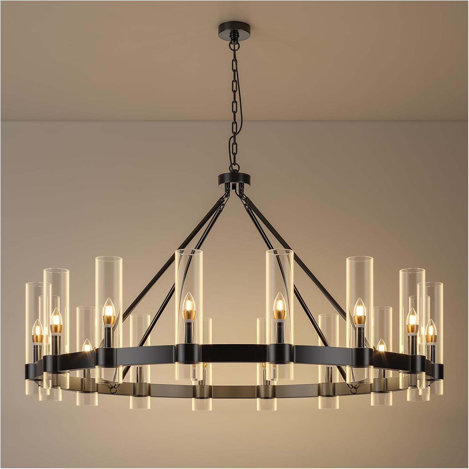 AEULYTIR 48 Inch Black Wagon Wheel Chandelier with Glass Shade, 16 Lights, Modern Farmhouse Style, Ideal for Dining Room, Kitchen, Entryways - Amazon.com
