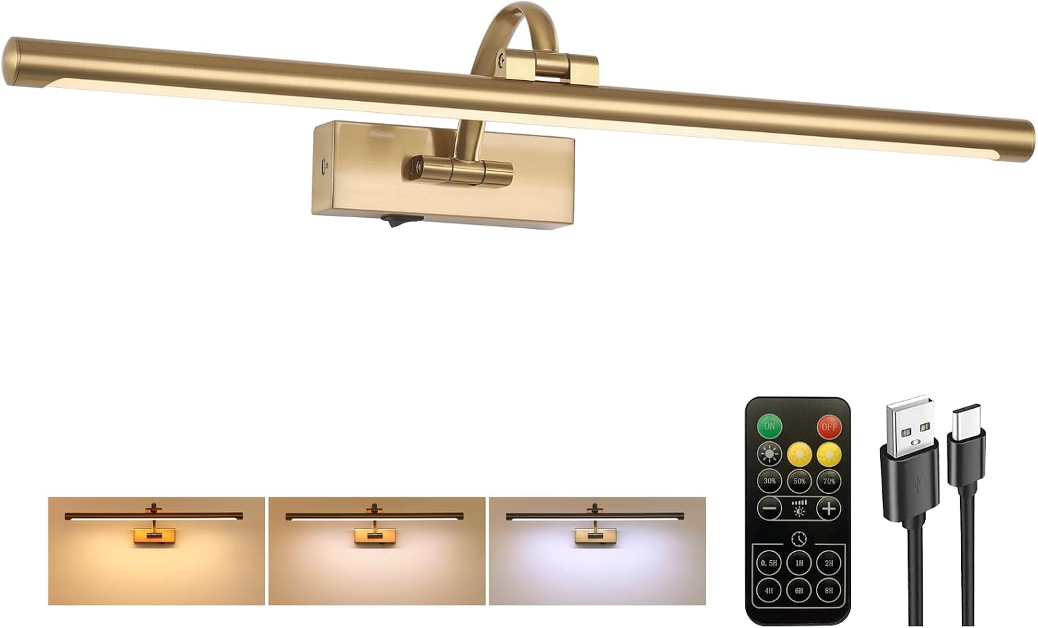 Tassuowell Picture Light Battery Operated with Remote, 3CCT Dimmable Picture Light for Paintings, Brass Rechargeable 24 inch Battery Operated Wall Sconce for Art Lighting Gallery Portrait Artwork - Amazon.com