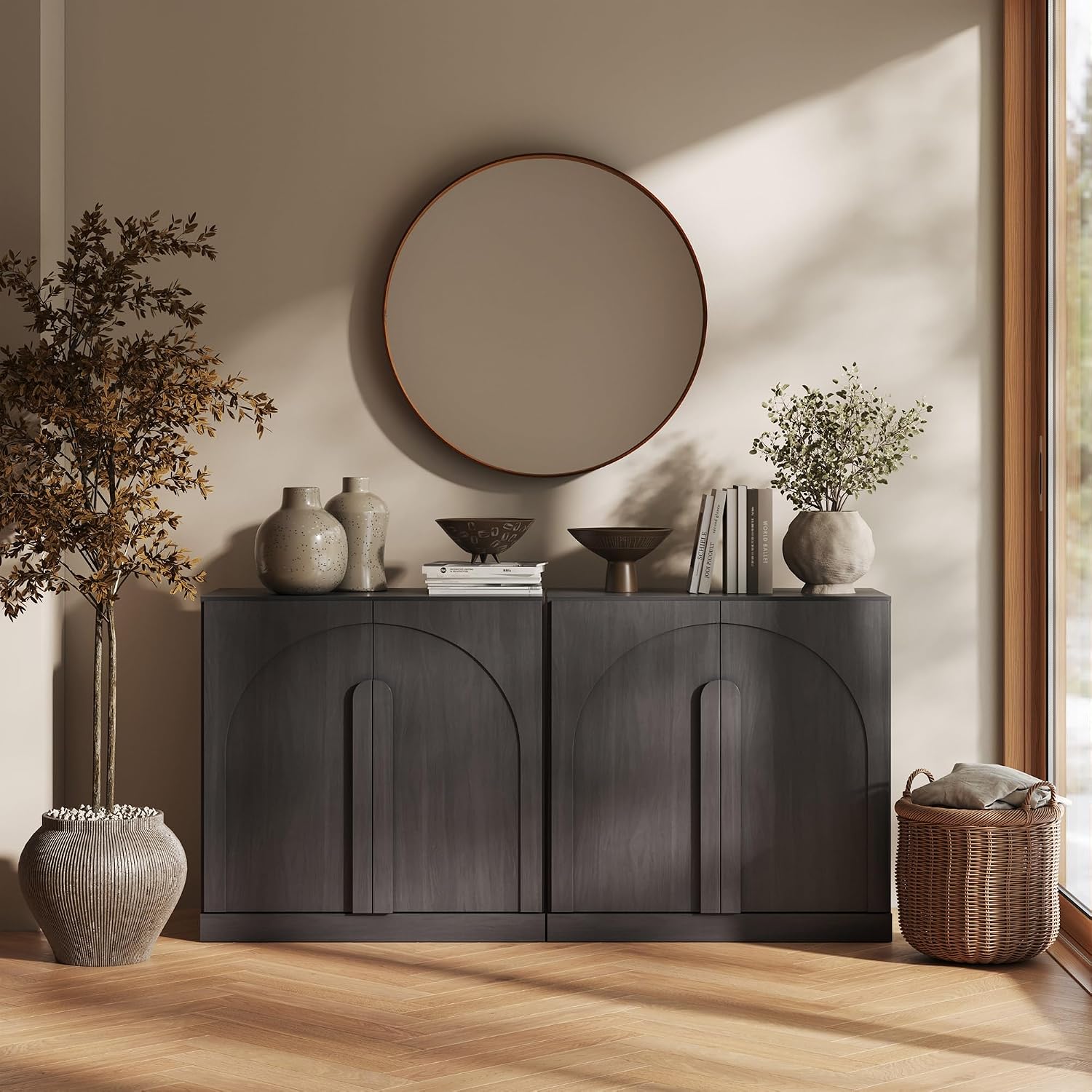 Amazon.com - BELLEZE Set of 2 Modern Sideboard Buffet Cabinets (63" Wide)-Large Sideboard Credenza with Arched Doors-Seamless Hidden Organization Console for Living Area-Ebony - Buffets & Sideboards