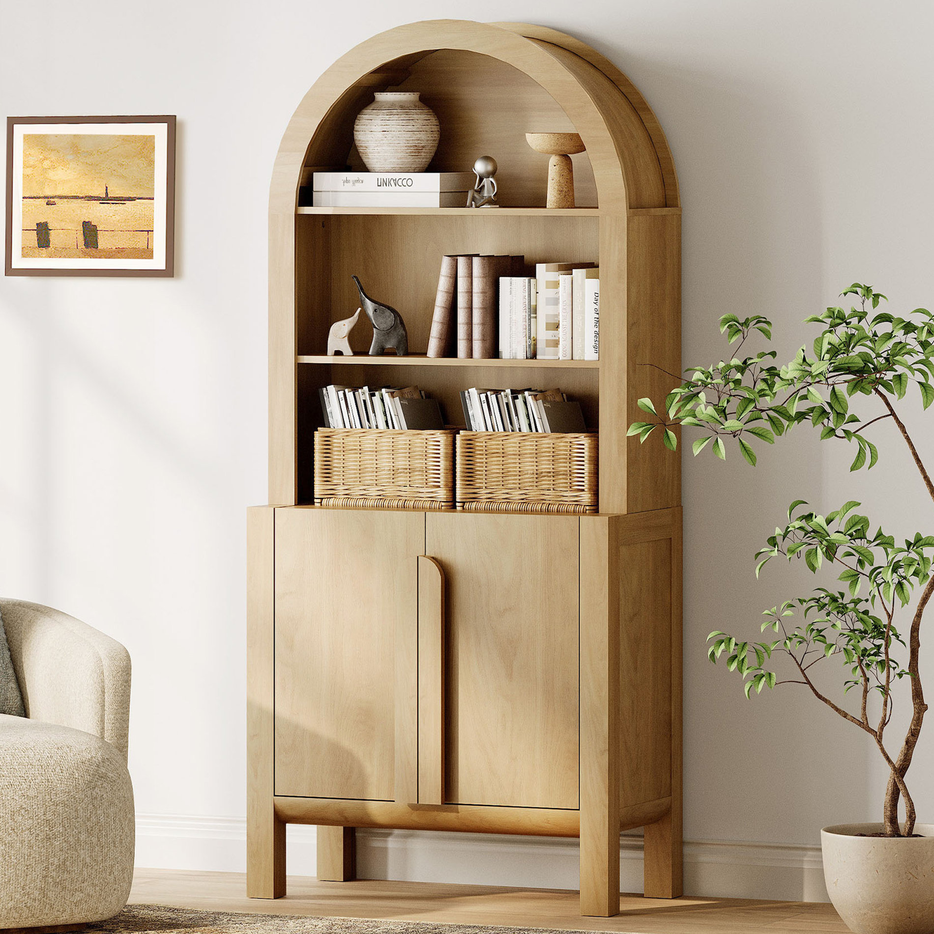 Charlton Home® 71" Tall Arched Bookshelf, Modern 5 Tier Bookcase With Cabinet, Wooden Display Cabinet With Doors And Adjustable Shelves, Versatile Bookshelf For Living Room, Study, Office | Wayfair