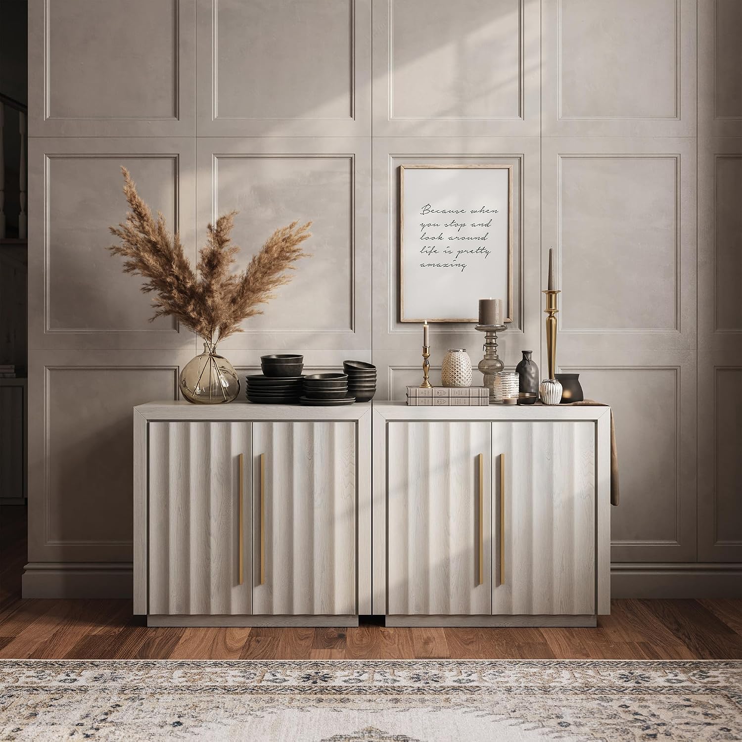 Amazon.com - BELLEZE Set of 2 36" Libra Sideboard Buffet Cabinet - White Sand | Modern Style,Adjustable Shelf,Wavy Stripe Pattern Door,Living Room Dining Room Entryway - Buffets & Sideboards
