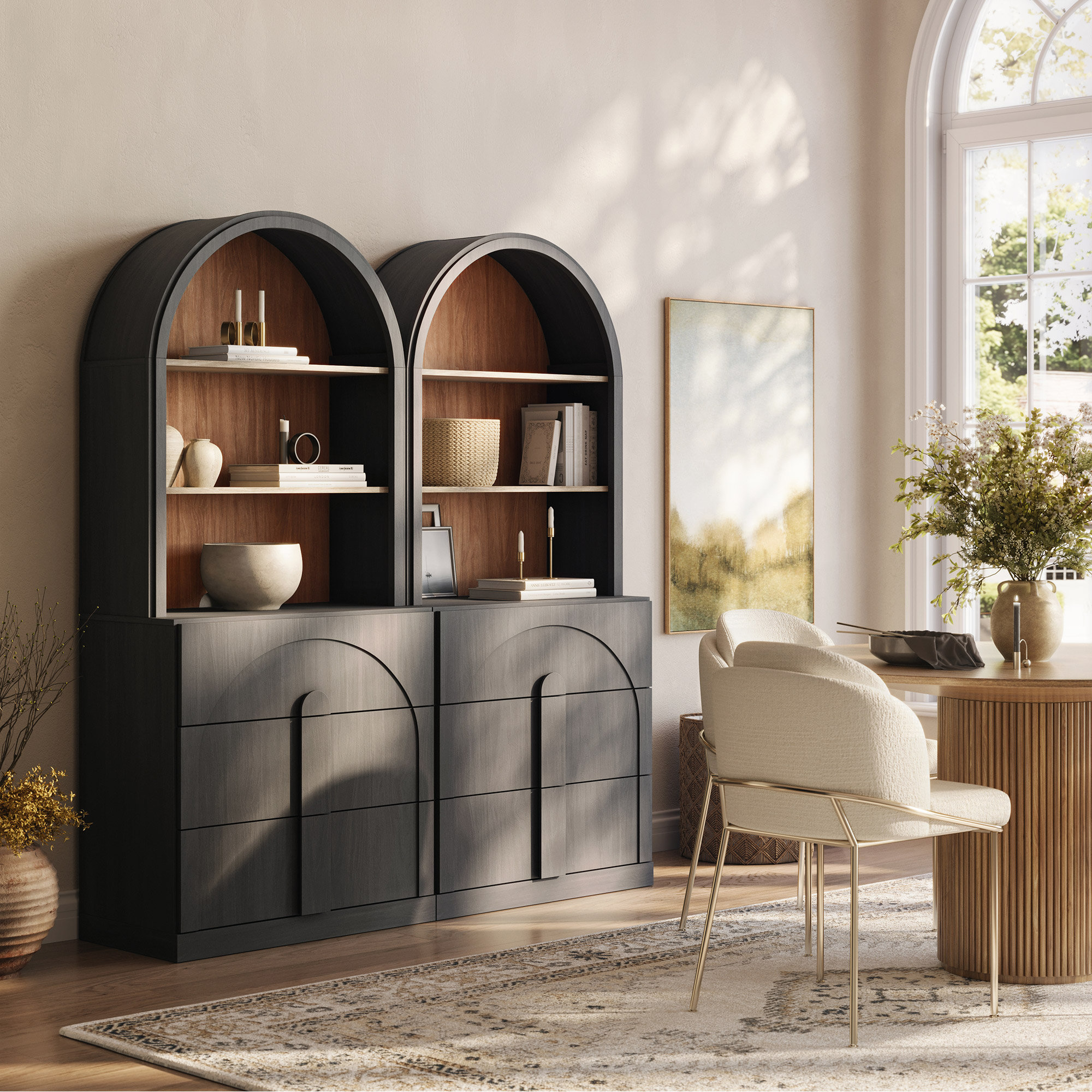 Latitude Run® 71" Tall Arched Bookshelf with 3 Drawers, Set of 2, Camel | Wayfair