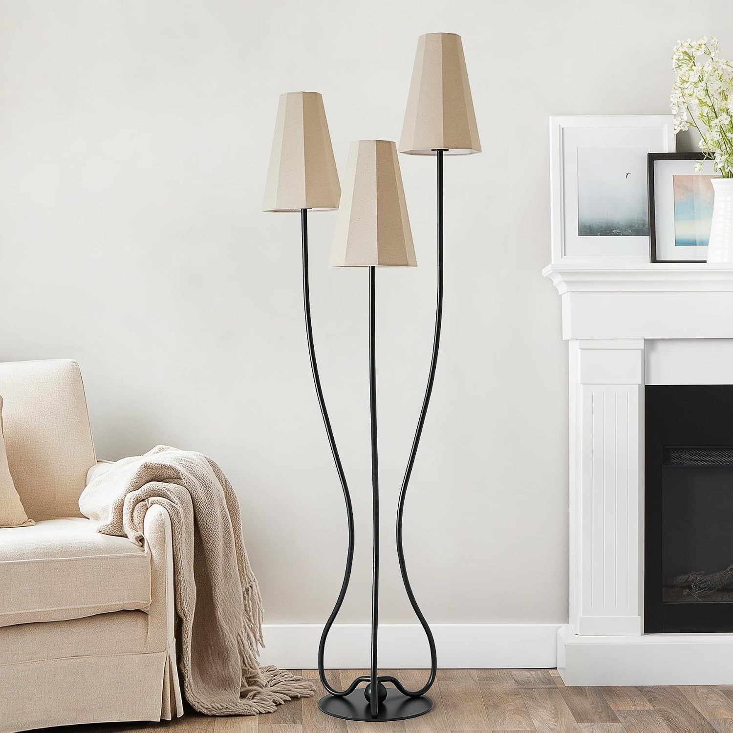 ZenGlimmer Artistic Vintage Floor Lamp, 3-Light Standing Lamps with Sculptural Curved Iron Base & Octagonal Linen Shades, Statement Lighting for Living Room, Bedroom, Studio - Amazon.com